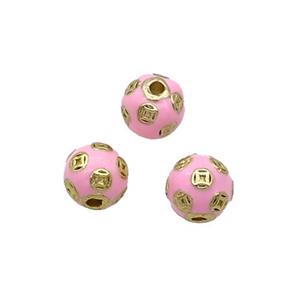 Alloy Round Beads Pink Enamel Gold Plated, approx 8mm dia