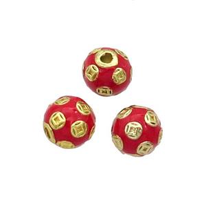 Alloy Round Beads Red Enamel Gold Plated, approx 8mm dia