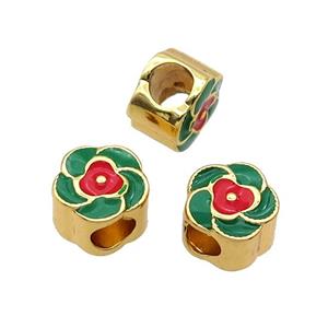 Copper Flower Beads Pink Enamel Large Hole Gold Plated, approx 10mm, 4.5mm hole