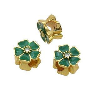 Copper Flower Beads Green Enamel Large Hole Gold Plated, approx 12mm, 4mm hole