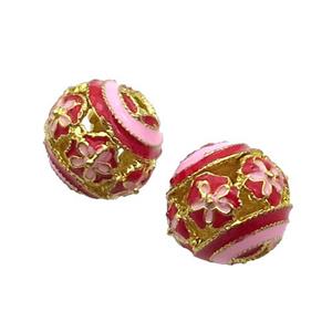 Alloy Round Beads Red Enamel Hollow Gold Plated, approx 14mm dia