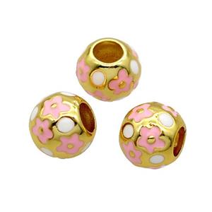 Copper Round Beads White Pink Enamel Large Hole Gold Plated, approx 10mm, 5mm hole