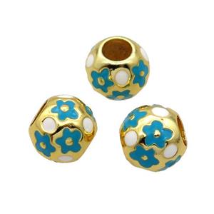 Copper Round Beads White Teal Enamel Large Hole Gold Plated, approx 10mm, 5mm hole