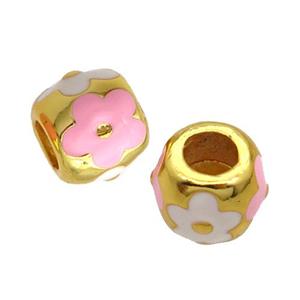 Copper Barrel Beads Pink White Enamel Large Hole Gold Plated, approx 11mm, 5mm hole
