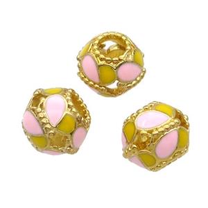 Copper Bicone Beads Pink Yellow Enamel Large Hole Gold Plated, approx 10-12.5mm, 5mm hole