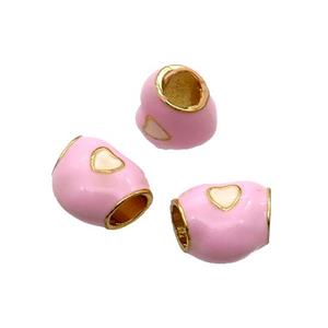 Alloy Heart Beads Pink Enamel Large Hole Gold Plated, approx 10-11mm, 4mm hole