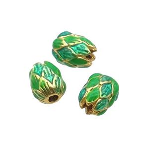 Alloy Tulip Flower Beads Green Enamel Gold Plated, approx 6-8mm