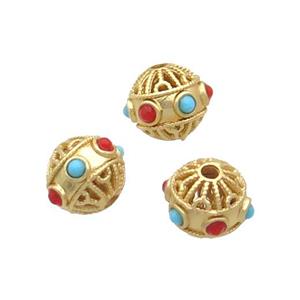 Copper Round Beads Enamel Hollow Gold Plated, approx 10mm