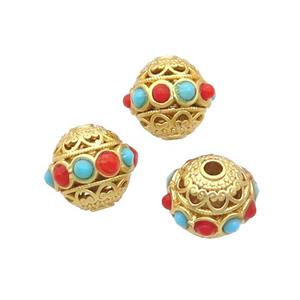 Copper Round Beads Enamel Hollow Gold Plated, approx 12mm