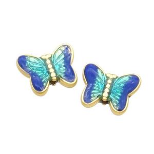 Alloy Butterfly Beads Blue Enamel Gold Plated, approx 8.5-10mm