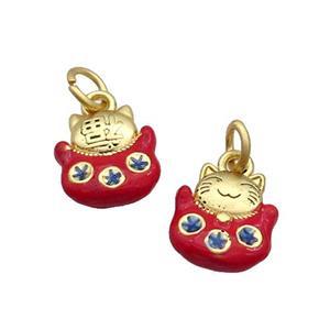 Alloy Lucky Cat Pendant Red Enamel Duck Gold, approx 12-13mm