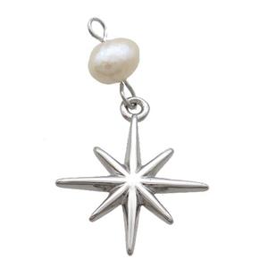 Copper Northstar Pendant With Pearl Platinum Plated, approx 18mm, 6mm