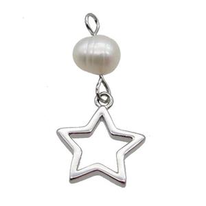 Copper Star Pendant With Pearl Platinum Plated, approx 12mm, 6mm