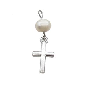 Copper Cross Pendant With Pearl Platinum Plated, approx 8-13mm, 6mm