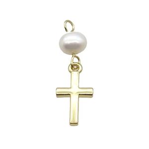 Copper Cross Pendant With Pearl Gold Plated, approx 8-13mm, 6mm