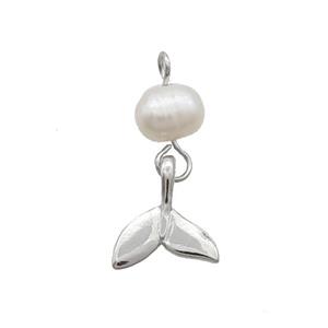 Copper Shark-tail Pendant With Pearl Platinum Plated, approx 9-10mm, 6mm
