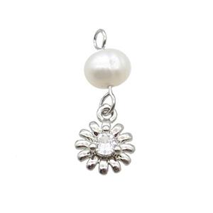 Copper Sunflower Pendant Pave Zircon With Pearl Platinum Plated, approx 8mm, 6mm