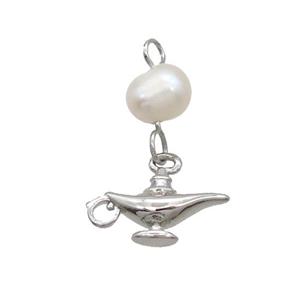 Copper Pendant With Pearl Aladdin Lamp Platinum Plated, approx 7-10mm, 6mm