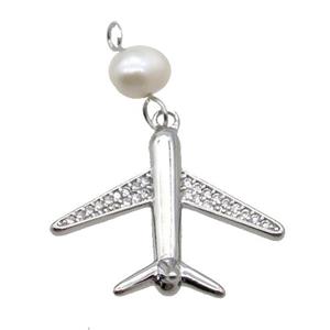 Copper Airplane Pendant Pave Zircon With Pearl Platinum Plated, approx 18-21mm, 6mm