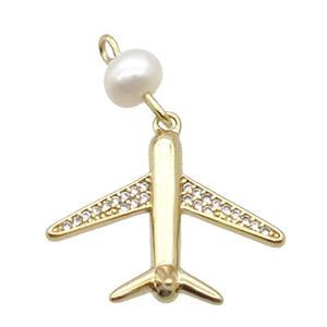 Copper Airplane Pendant Pave Zircon With Pearl Gold Plated, approx 18-21mm, 6mm