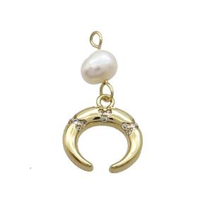 Copper Crescent Pendant Pave Zircon With Pearl Gold Plated, approx 11-12mm, 6mm