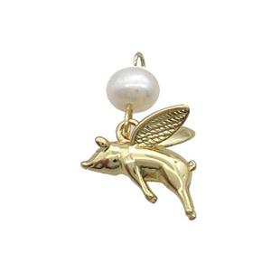Copper Pig Charm Pendant With Pearl Gold Plated, approx 13mm, 6mm