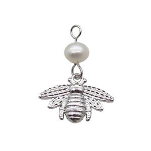 Copper Honeybee Pendant With Pearl Platinum Plated, approx 10-16mm, 6mm
