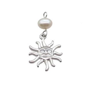 Copper Sun Pendant Pave Zircon With Pearl Platinum Plated, approx 14mm, 6mm