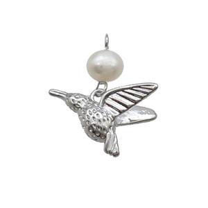 Copper Hummingbird Pendant With Pearl Platinum Plated, approx 12-20mm, 6mm