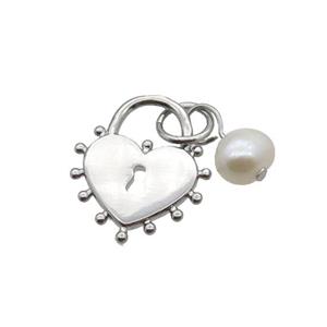 Copper Lock Pendant With Pearl Heart Platinum Plated, approx 13-15mm, 6mm