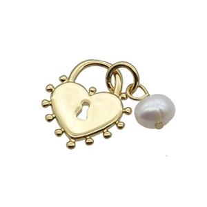 Copper Lock Pendant With Pearl Heart Gold Plated, approx 13-15mm, 6mm