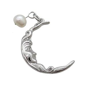 Copper Moon Charm Pendant With Pearl Platinum Plated, approx 20-25mm, 6mm