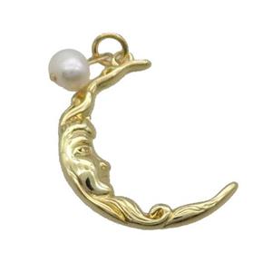 Copper Moon Charm Pendant With Pearl Gold Plated, approx 20-25mm, 6mm