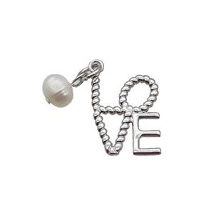 Copper LOVE Pendant With Pearl Platinum Plated, approx 12-18mm, 6mm