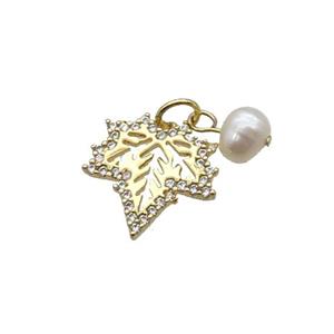 Copper Maple Leaf Pendant Pave Zircon With Pearl Gold Plated, approx 15mm, 6mm