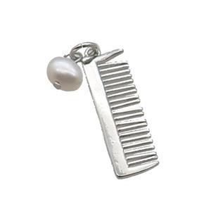 Copper Comb Pendant With Pearl Platinum Plated, approx 7-22mm, 6mm