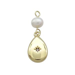 Copper Teardrop Pendant Pave Zircon With Pearl Gold Plated, approx 10-13mm, 6mm