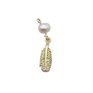 Copper Feather Pendant Pave Zircon With Pearl Gold Plated, approx 5-15mm, 6mm