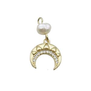 Copper Crescent Pendant Pave Zircon With Pearl Gold Plated, approx 14mm, 6mm