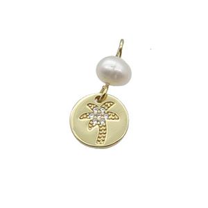 Copper Coconut Tree Pendant Pave Zircon With Pearl Gold Plated, approx 10mm, 6mm