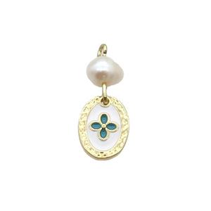 Copper Flower Pendant With Pearl White Enamel Oval Gold Plated, approx 8-12mm, 6mm
