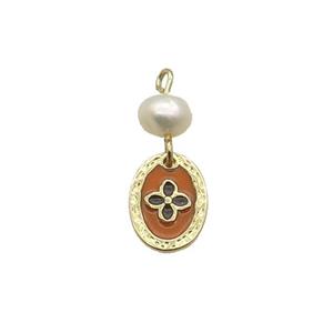 Copper Flower Pendant With Pearl Red Enamel Oval Gold Plated, approx 8-12mm, 6mm