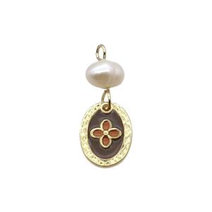 Copper Flower Pendant With Pearl Enamel Oval Gold Plated, approx 8-12mm, 6mm