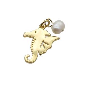 Copper Seahorse Pendant With Pearl Gold Plated, approx 15-17mm, 6mm