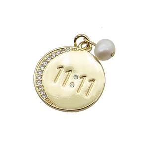 Copper Circle Pendant Pave Zircon With Pearl Double Eleven Gold Plated, approx 19mm, 6mm