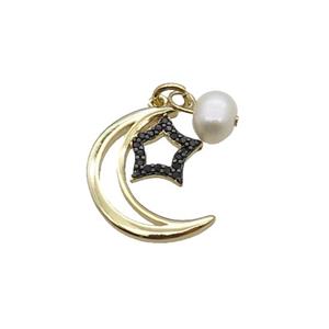 Copper Moon Pendant With Pearl Gold Plated, approx 13-16mm, 6mm