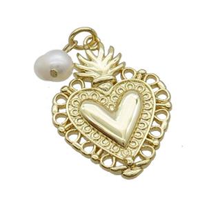 Copper Heart Pendant With Pearl Gold Plated, approx 20-25mm, 6mm