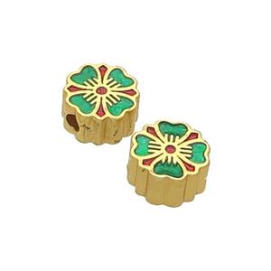 Copper Flower Beads Green Enamel Unfade Gold Plated, approx 8mm