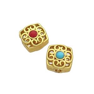Tibetan Style Copper Beads Square Unfade Gold Plated, approx 10x10mm