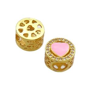 Copper Butter Beads Pave Zircon Pink Enamel Heart Large Hole Gold Plated, approx 10.5mm, 5mm hole